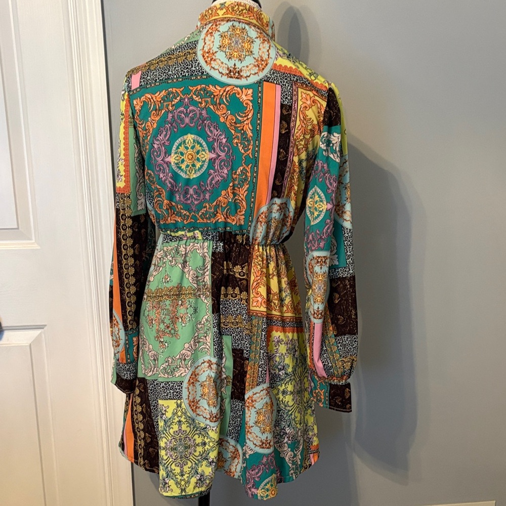 Multicolor Patchwork Print Long-Sleeve Drawstring… - image 3